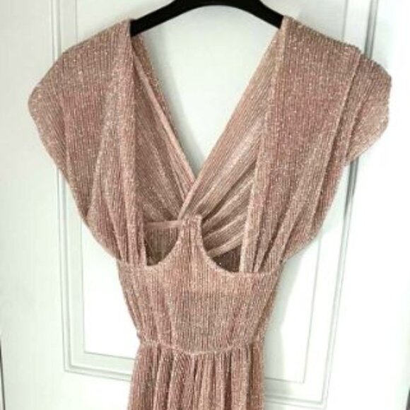 PRETTY LITTLE THINGS TALL CHAMPAGNE GLITTER LUREX UNDERBUST JUMPSUIT - NWT - 12 - Picture 1 of 7